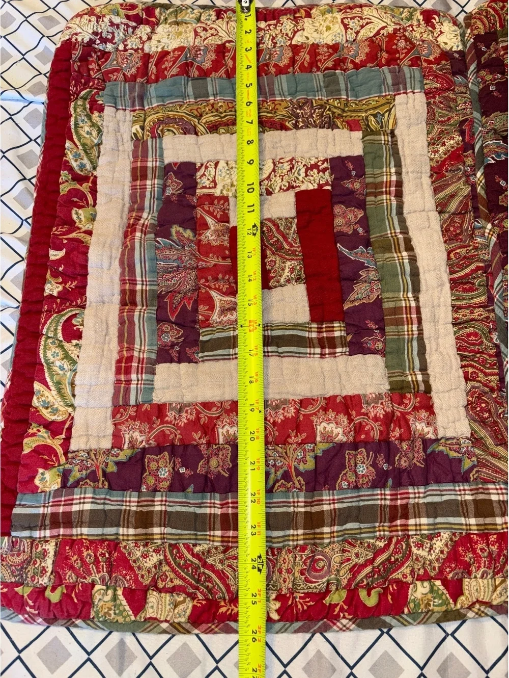 Vintage 2009 Pottery Barn Log Cabin Patchwork Pillow Shams Set of 2 Red Flawed